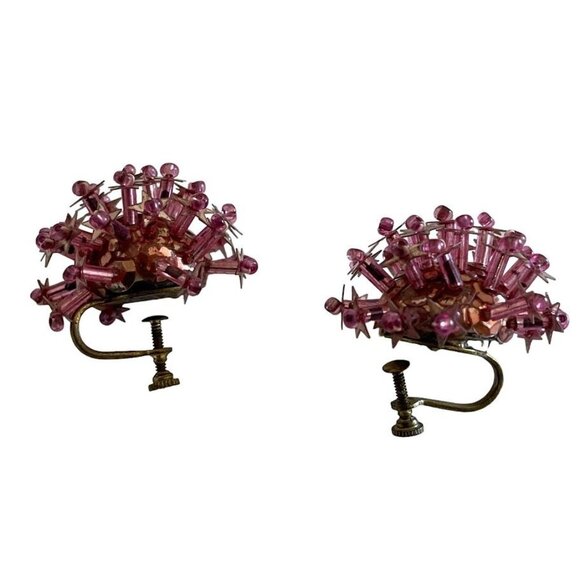 Vintage Screw Back Earrings Sequin and Bead Pink and Gold Cork 1" - Picture 9 of 10